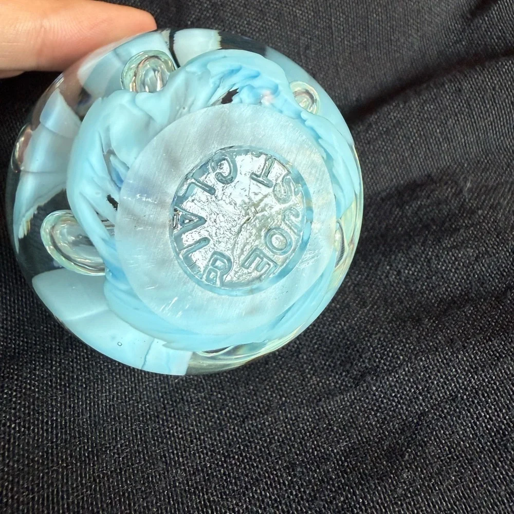 VTG JOE ST CLAIR Glass PAPERWEIGHT 2 3/4”  Signed Blue Floral Bubble (CB1)